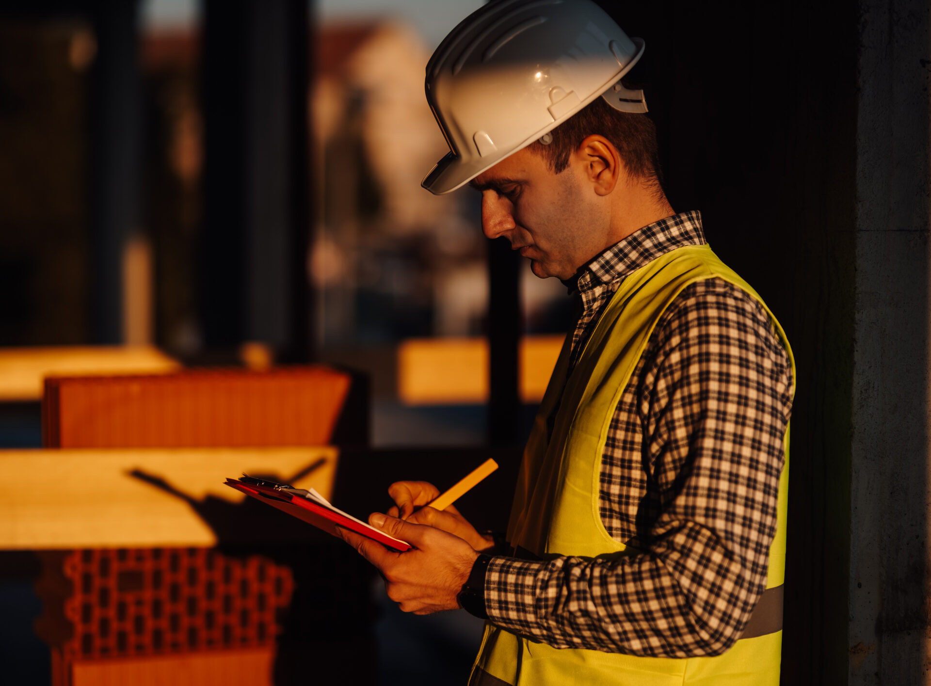construction-engineer-writing-notes-on-clipboard-inspecting-building-site-at-sunset